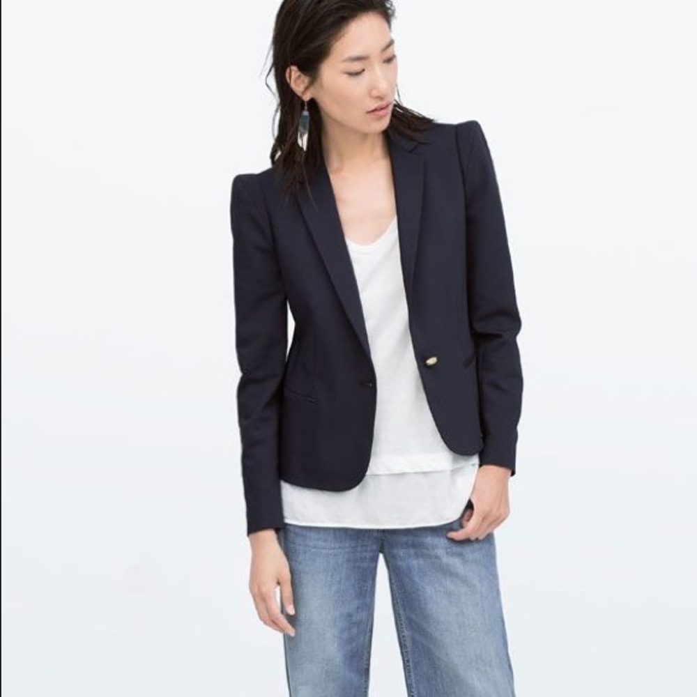 Zara Doublecloth Navy Blazer Sz L